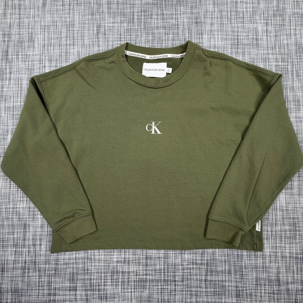 Calvin Klein Jeans Womens Sweatshirt Large Olive Green Cropped Crewneck Logo